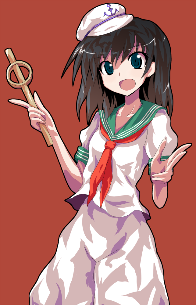 aqua_eyes, black_hair, hat, hishaku, murasa_minamitsu, ni_(ippozenshin), open_mouth, parody