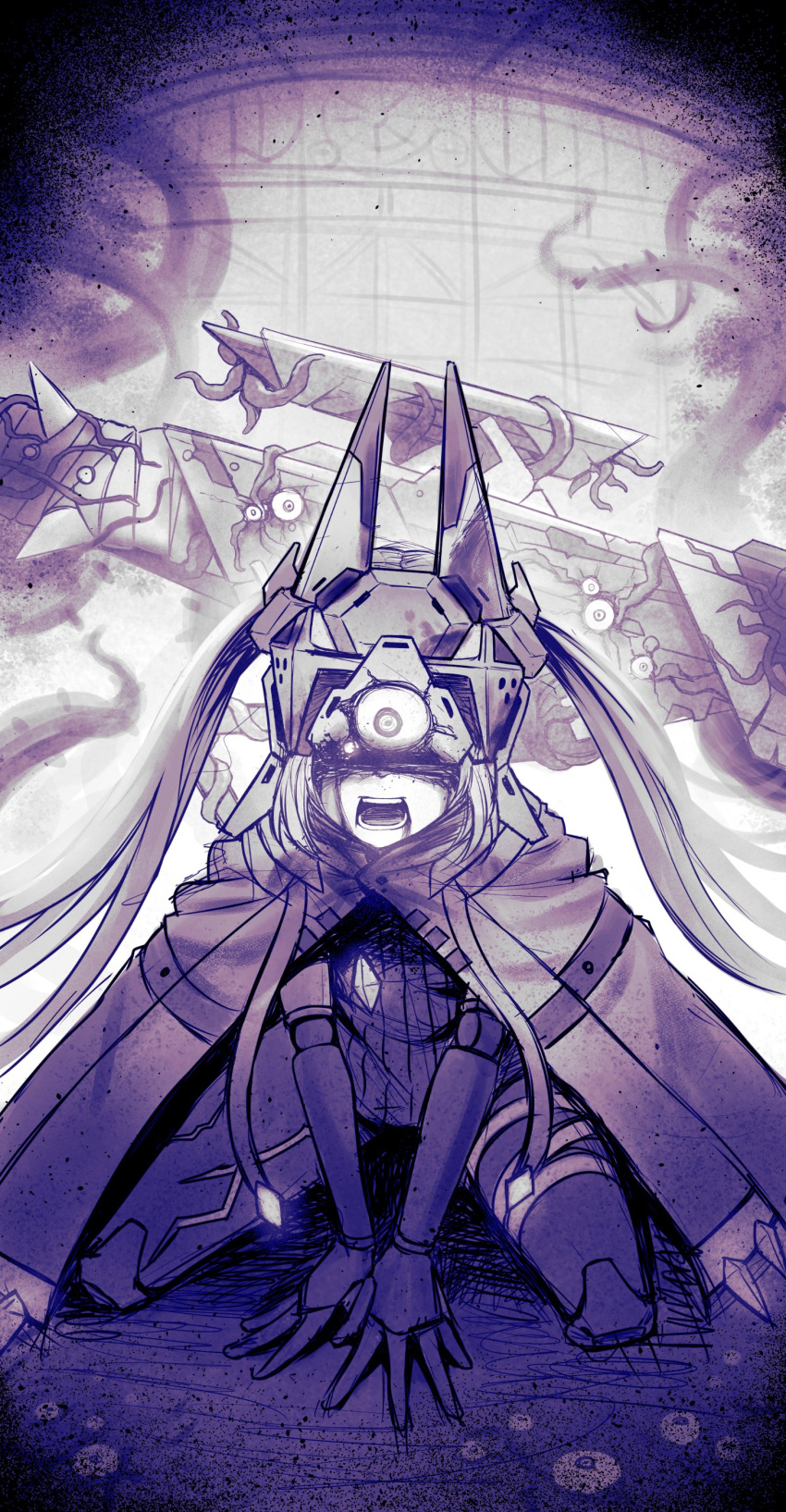 1girl, absurdres, cloak, commentary, corruption, english_commentary, eyeball, full_body, girls'_frontline_neural_cloud, girls_frontline, headgear, highres, kneeling, mechanical_arms, monochrome, open_mouth, sanctifiers_(girls'_frontline_nc), senpaihawkkun, sketch, solo, spoilers, tentacles, twintails, wisdom_(girls'_frontline_nc)