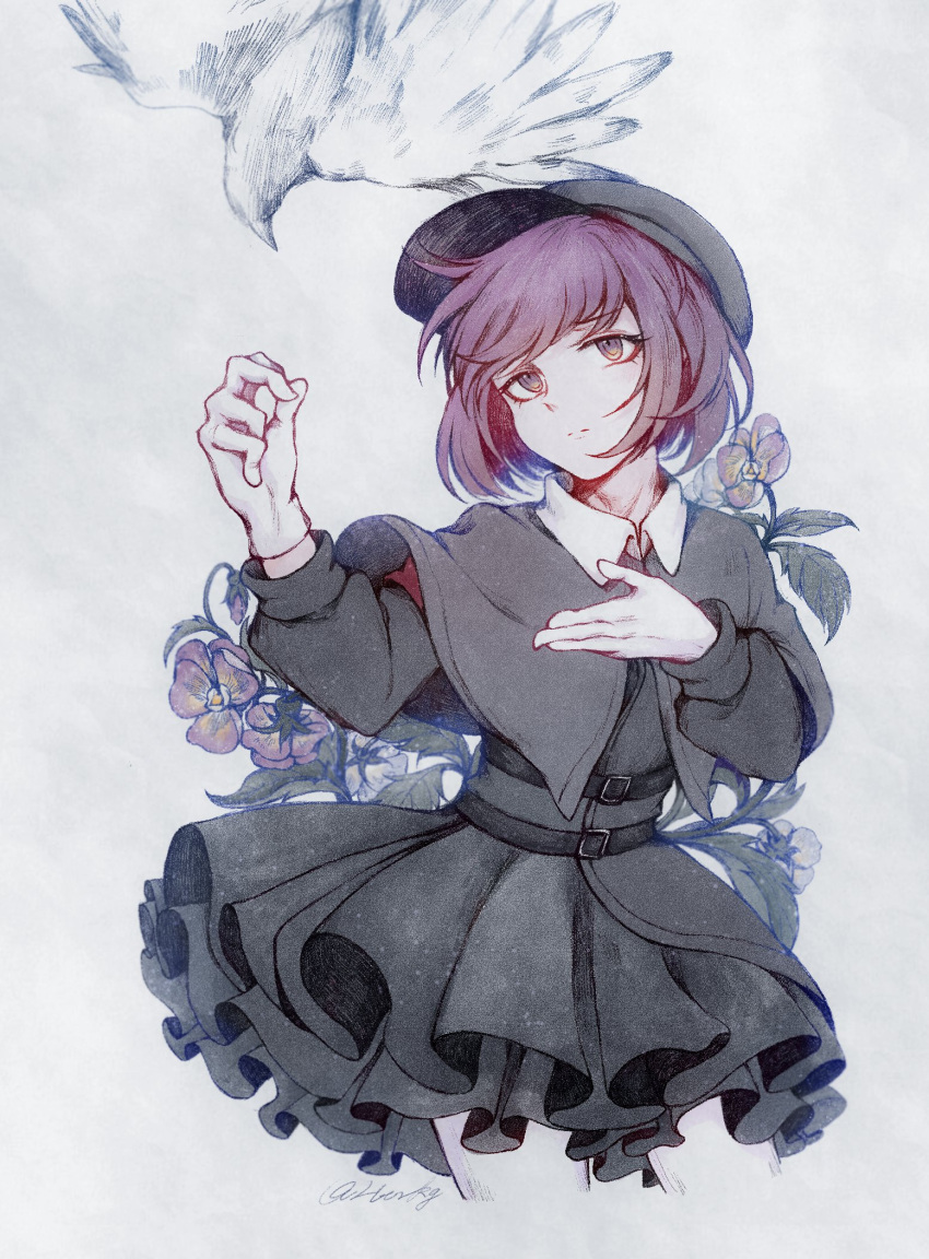 1girl, bangs, belt, bird, black_belt, black_capelet, black_dress, black_headwear