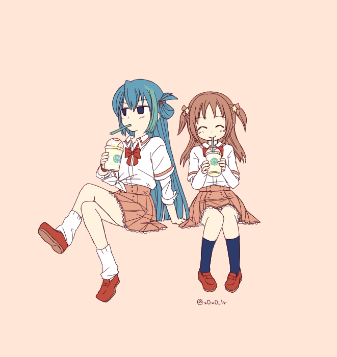 2girls, alina_gray, bangs, blush, bow, bowtie, brown_footwear, brown_skirt