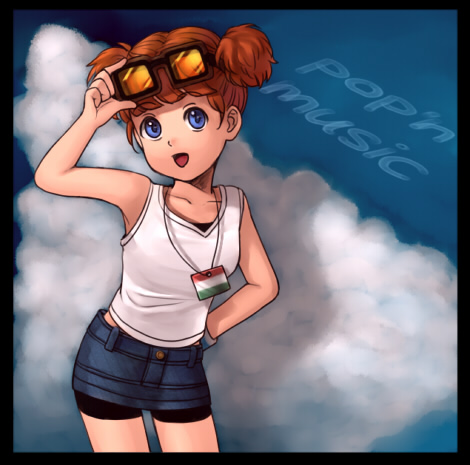 1girl, adjusting_eyewear, bangs, bike_shorts, blue_eyes, brown_hair, clouds, copyright_name, denim, denim_skirt, goggles, goggles_on_head, hand_on_hip, hungarian_flag, jewelry, lowres, necklace, open_mouth, pop'n_music, shirt, short_twintails, skirt, solo, tsubasa_(pop'n_music), twintails, uniquedog101, white_shirt, wristband