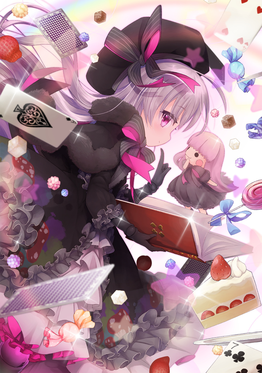ace_of_spades, black_dress, black_gloves, black_headwear, blush, book, cake, cake_slice