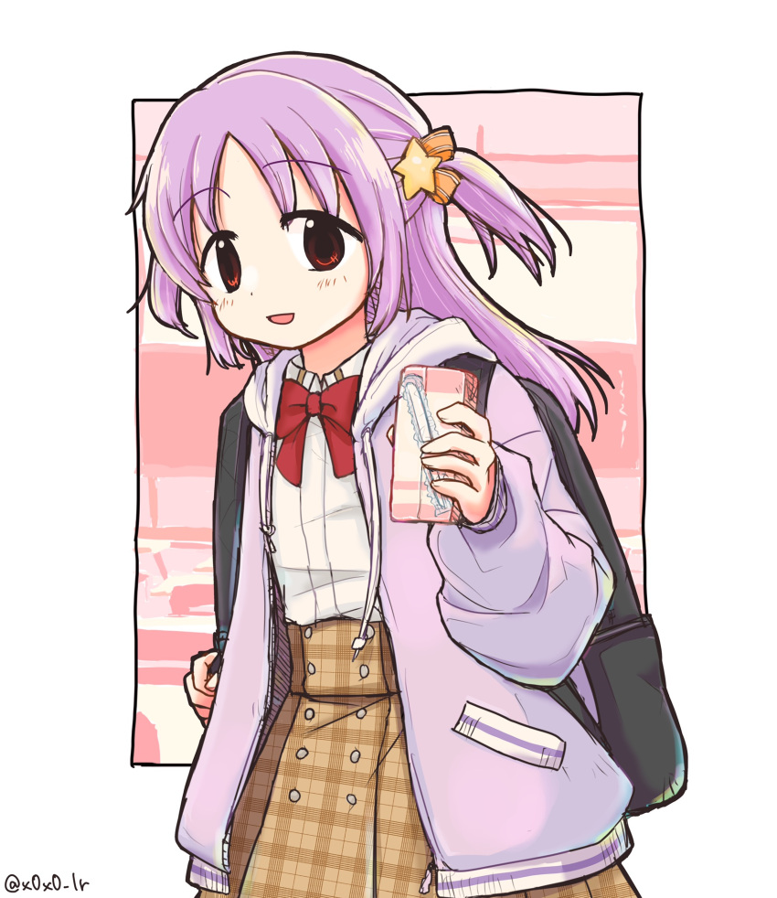 1girl, bag, bangs, blush, bow, bowtie, brown_skirt, hair_ornament