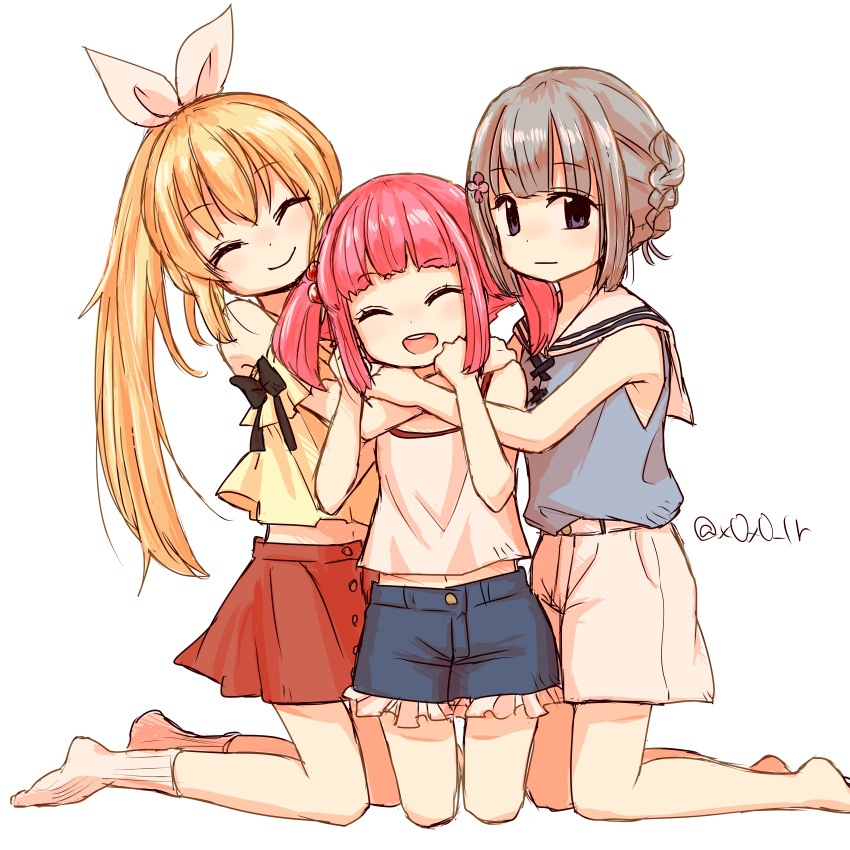 3girls, absurdres, aged_down, bangs, barefoot, blonde_hair, blue_shorts, blush
