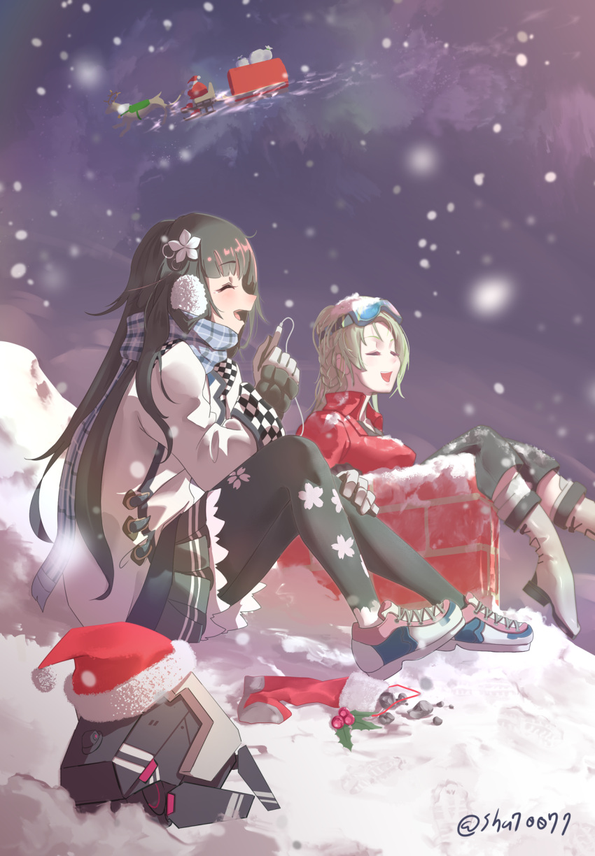 2girls, black_hair, blue_scarf, boots, chimney, christmas, christmas_stocking, closed_eyes