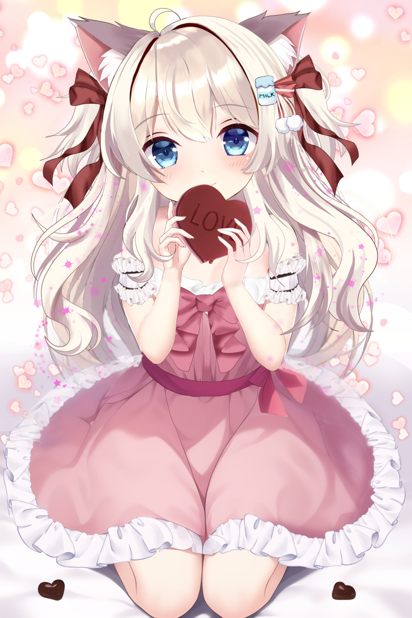 1girl, absurdres, animal_ear_fluff, animal_ears, blue_eyes, breasts, candy, cat_ears, cat_girl, chocolate, dress, food, frilled_dress, frills, full_body, heart, heart-shaped_chocolate, highres, holding, holding_chocolate, holding_food, indie_virtual_youtuber, long_hair, looking_at_viewer, medium_breasts, nekome_milk, off-shoulder_dress, off_shoulder, pink_dress, sitting, smile, two_side_up, valentine, virtual_youtuber, white_hair, yassan_(kawa_yasu)