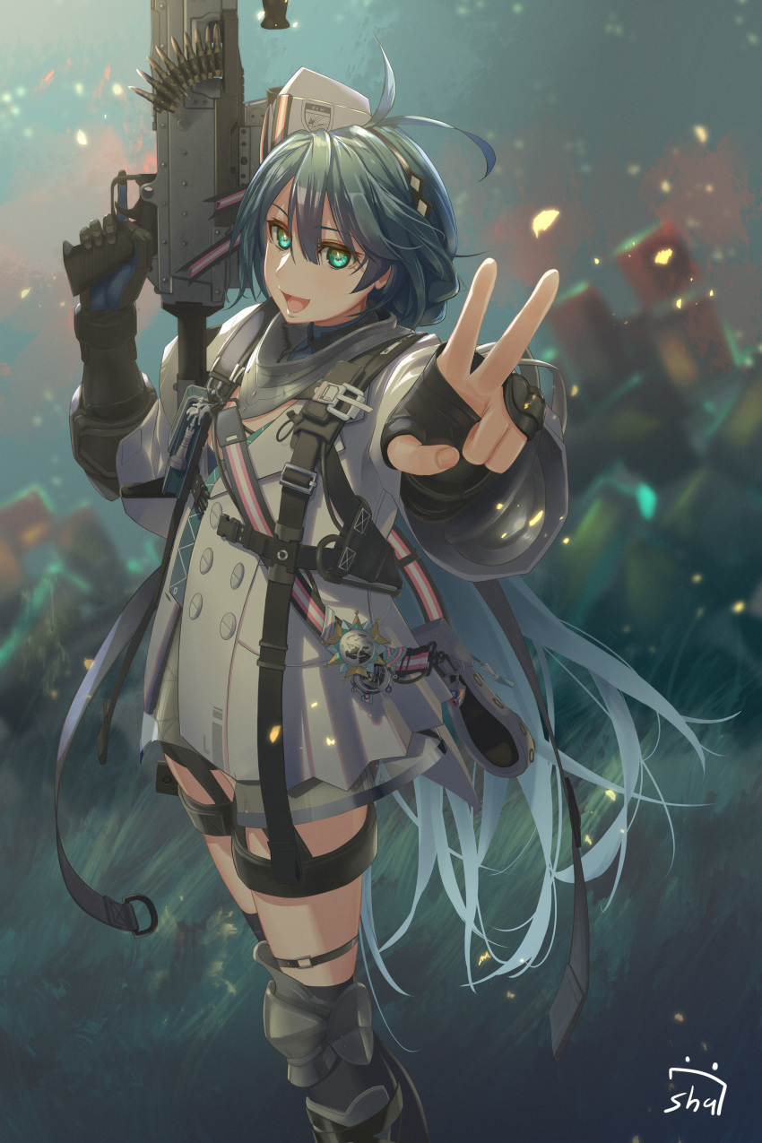 1girl, :d, absurdres, ahoge, ammunition_belt, blue_eyes, blue_hair, commentary_request