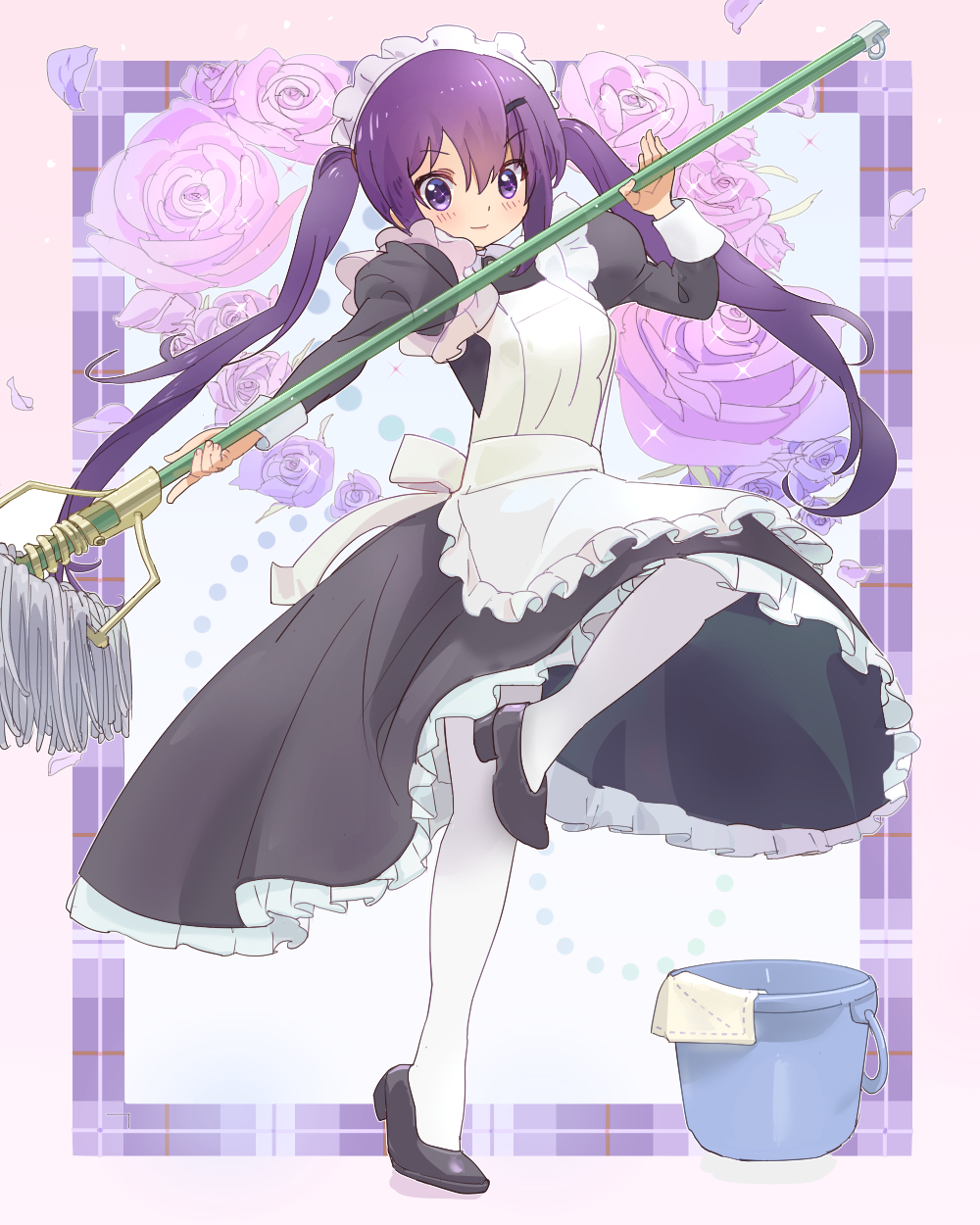 1girl, alternate_costume, bangs, black_footwear, bucket, commentary_request, enmaided, floral_background