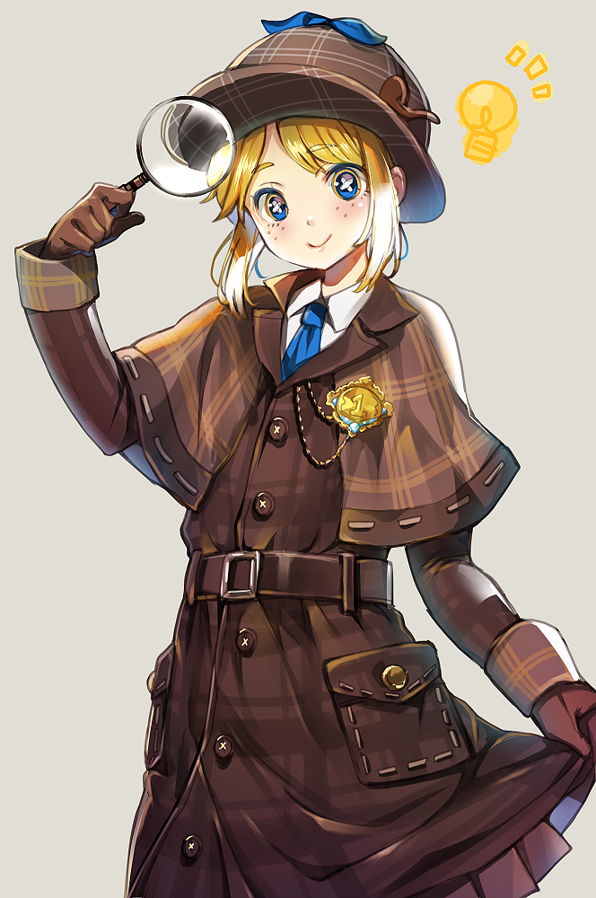 1girl, badge, bangs, belt, blue_eyes, blue_necktie, brown_belt, brown_capelet