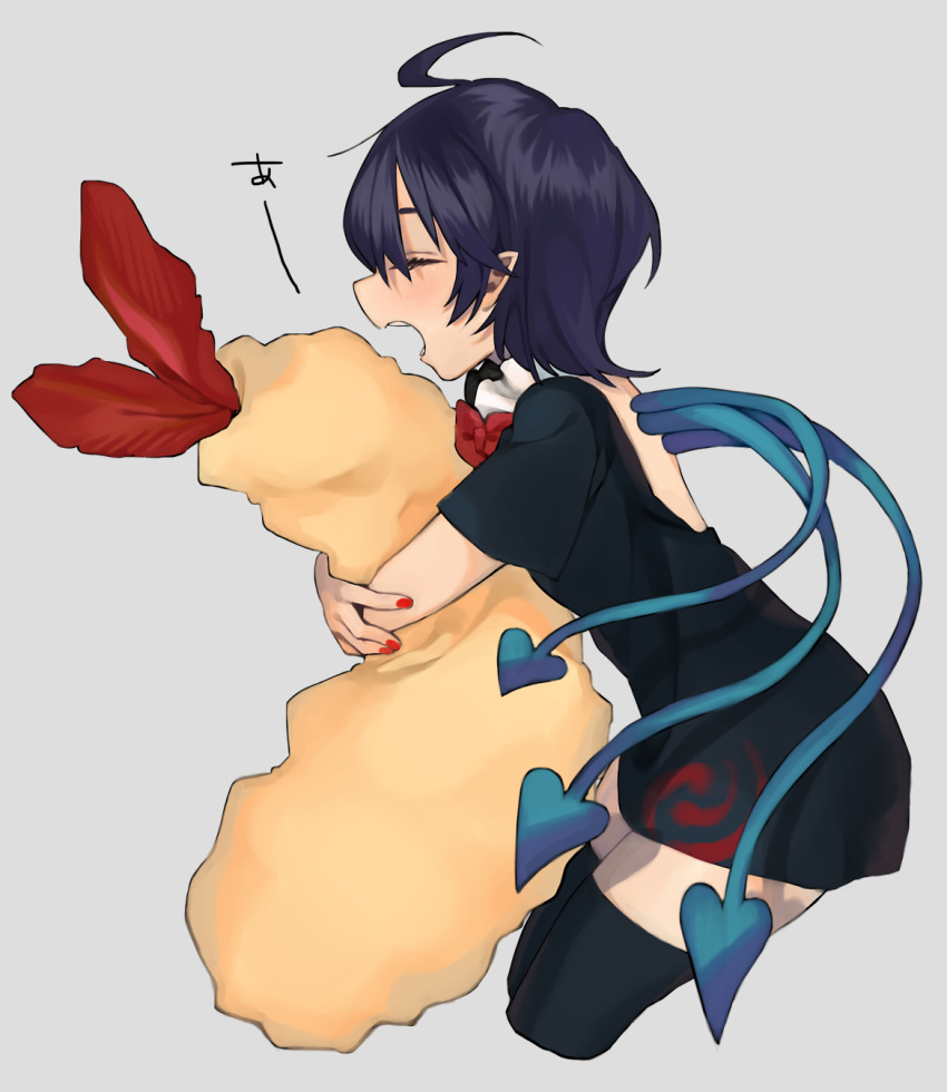 1girl, ahoge, backless_dress, backless_outfit, bangs, black_dress, black_hair, black_thighhighs