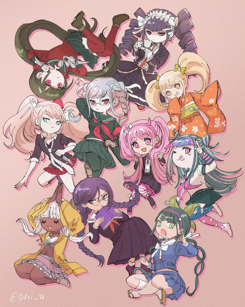 6+girls, :d, ;q, absurdres, asymmetrical_legwear, bangs, black_hair, black_jacket, black_nails, black_pantyhose, black_shirt, black_skirt, blonde_hair, blue_hair, blue_shirt, blue_skirt, blue_thighhighs, bow, bowtie, braid, brown_background, brown_footwear, brown_hair, celestia_ludenberg, chabashira_tenko, closed_mouth, cosplay, danganronpa:_trigger_happy_havoc, danganronpa_(series), danganronpa_2:_goodbye_despair, danganronpa_another_episode:_ultra_despair_girls, danganronpa_v3:_killing_harmony, dark-skinned_female, dark_skin, drill_hair, earrings, enoshima_junko, enoshima_junko_(cosplay), fake_horns, freckles, fukawa_touko, glasses, grey_hair, grey_skirt, grin, hair_bow, hair_ornament, hairclip, harukawa_maki, highres, holding, holding_knife, horns, ikusaba_mukuro, jacket, japanese_clothes, jewelry, kimono, knife, long_hair, midori_(310ri_21), miniskirt, mioda_ibuki, mismatched_legwear, multiple_girls, nail_polish, navel, navel_piercing, neckerchief, necktie, obi, one_eye_closed, open_clothes, open_jacket, open_mouth, orange_eyes, orange_kimono, pantyhose, pekoyama_peko, piercing, pink_eyes, pink_hair, pink_neckerchief, pink_thighhighs, plaid, plaid_skirt, pleated_skirt, rabbit_hair_ornament, red_eyes, red_neckerchief, red_necktie, red_shirt, red_thighhighs, round_eyewear, sash, shirt, shoes, short_sleeves, simple_background, skirt, smile, teeth, thigh-highs, tongue, tongue_out, torn_clothes, torn_thighhighs, twin_braids, twin_drills, twintails, utsugi_kotoko, v, white_bow, white_bowtie, white_hair, white_necktie, white_shirt, yellow_jacket, yonaga_angie