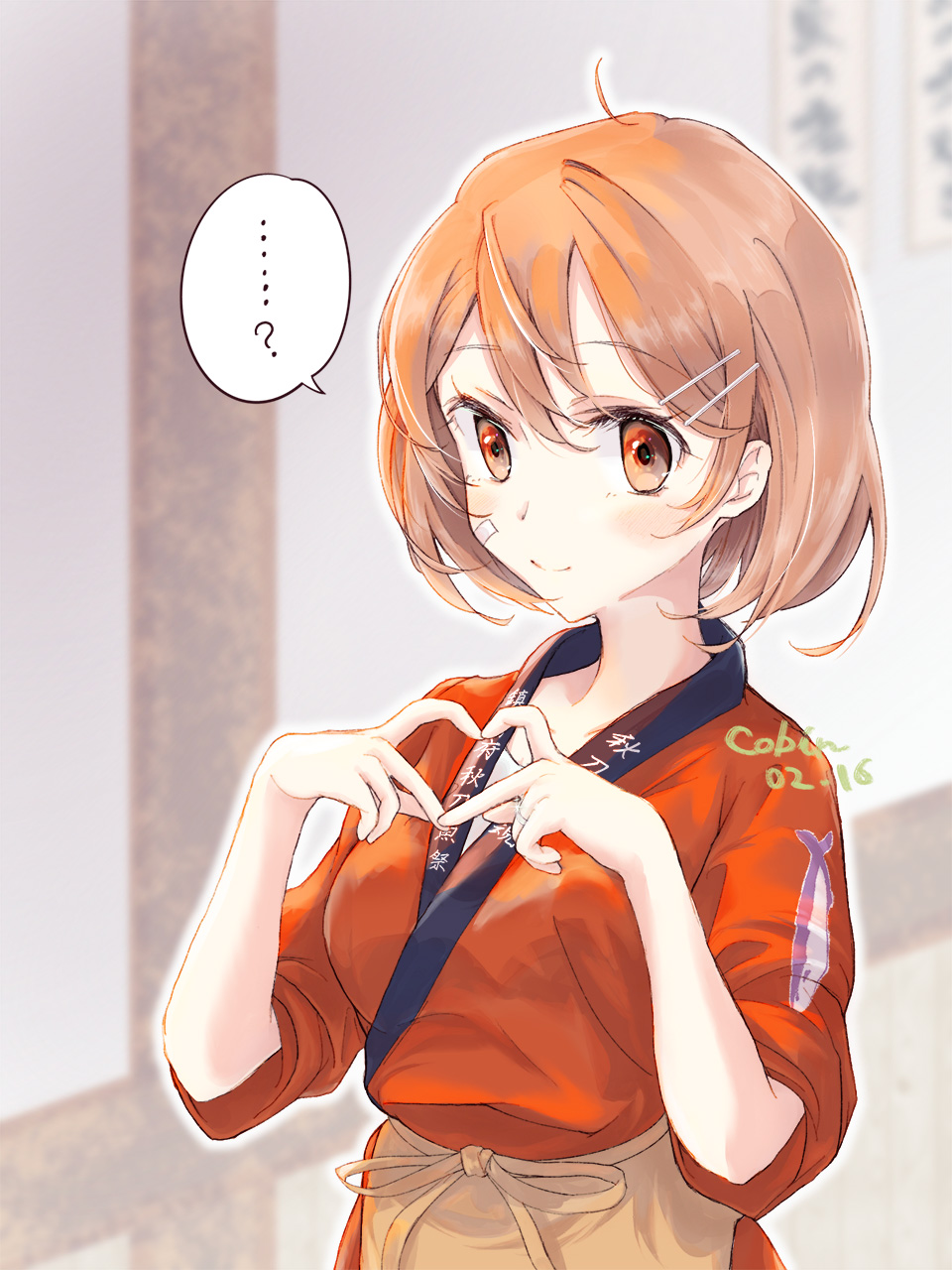 ..., 1girl, ahoge, apron, bandaid, bandaid_on_face, brown_apron, brown_eyes