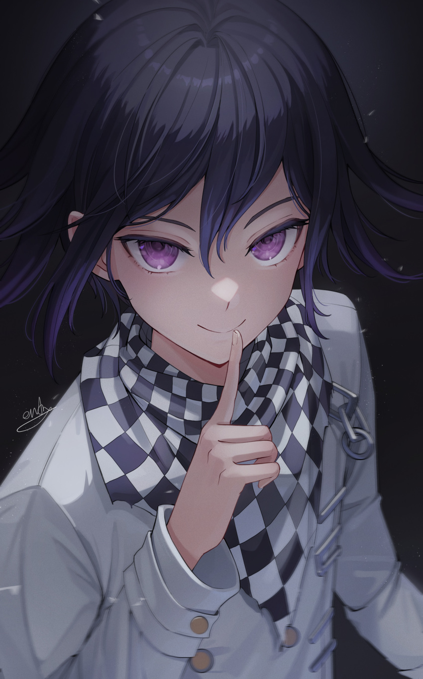 1boy, absurdres, aendi_en_d_endei, bangs, black_background, black_hair, buttons, checkered_clothes