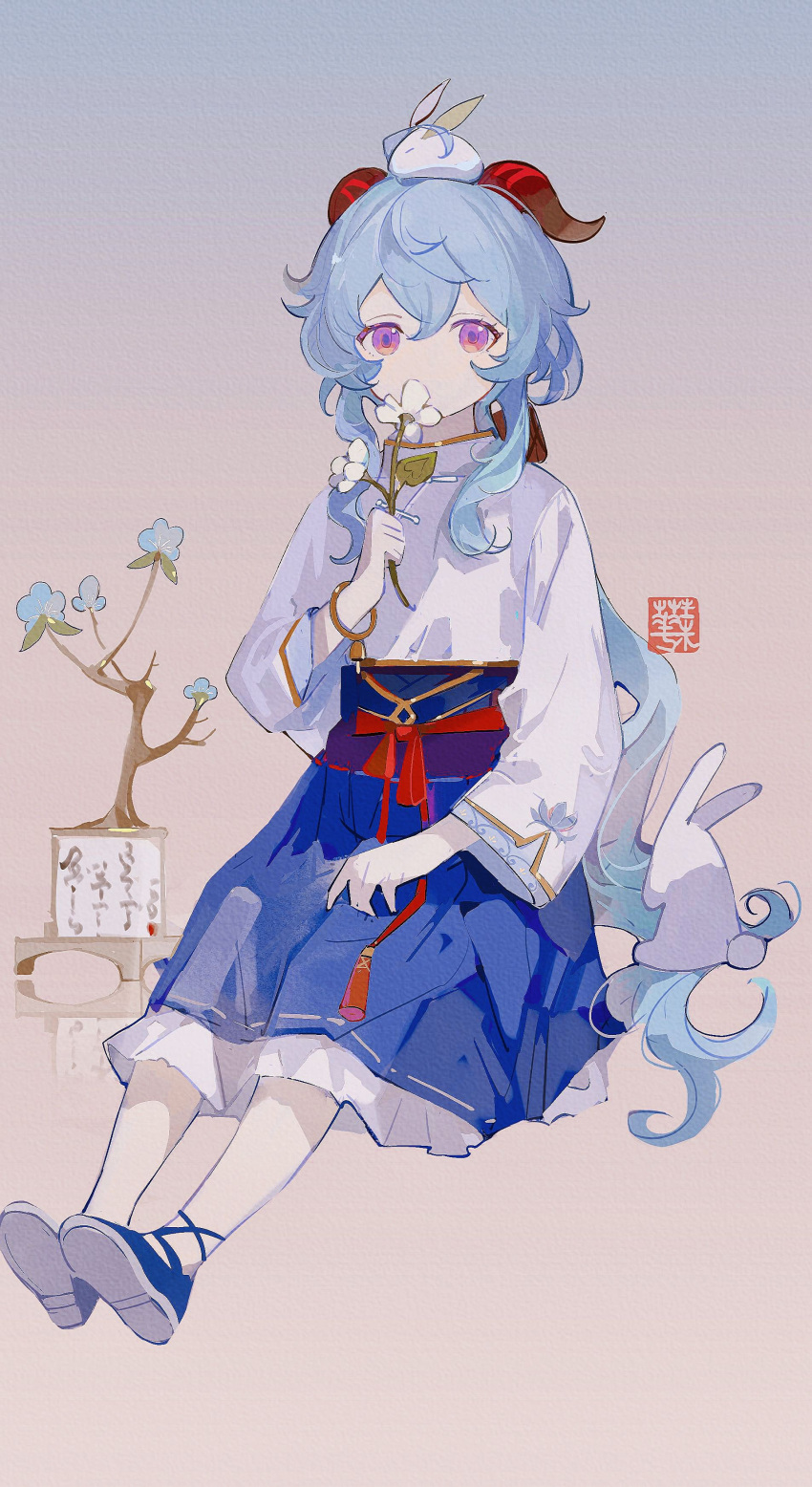 1girl, absurdres, ahoge, bangs, blue_hair, blue_skirt, chinese_clothes, covering_mouth