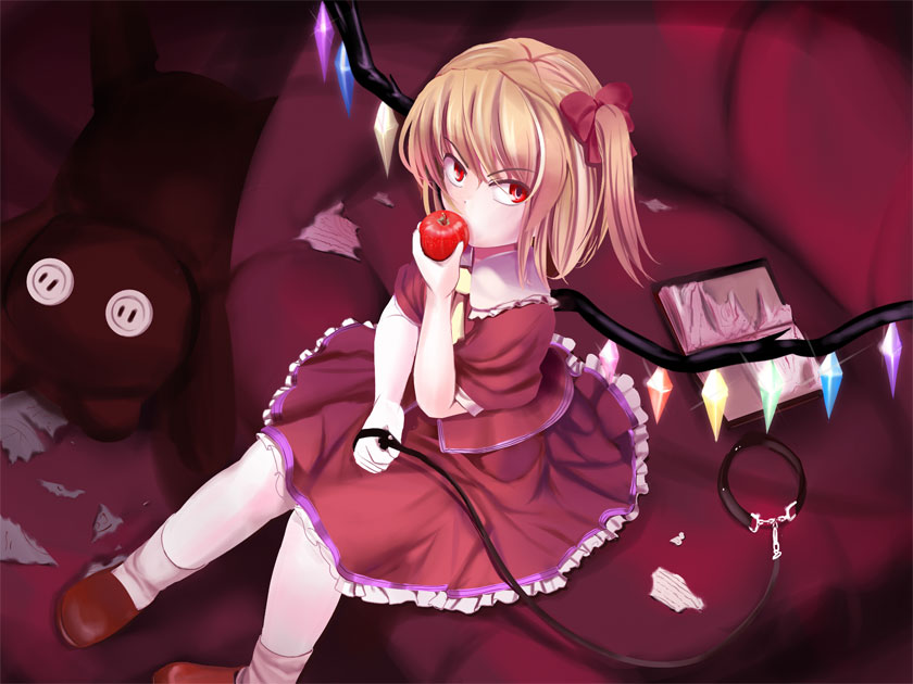 aw, bad_id, blonde_hair, book, collar, flandre_scarlet, food, fruit