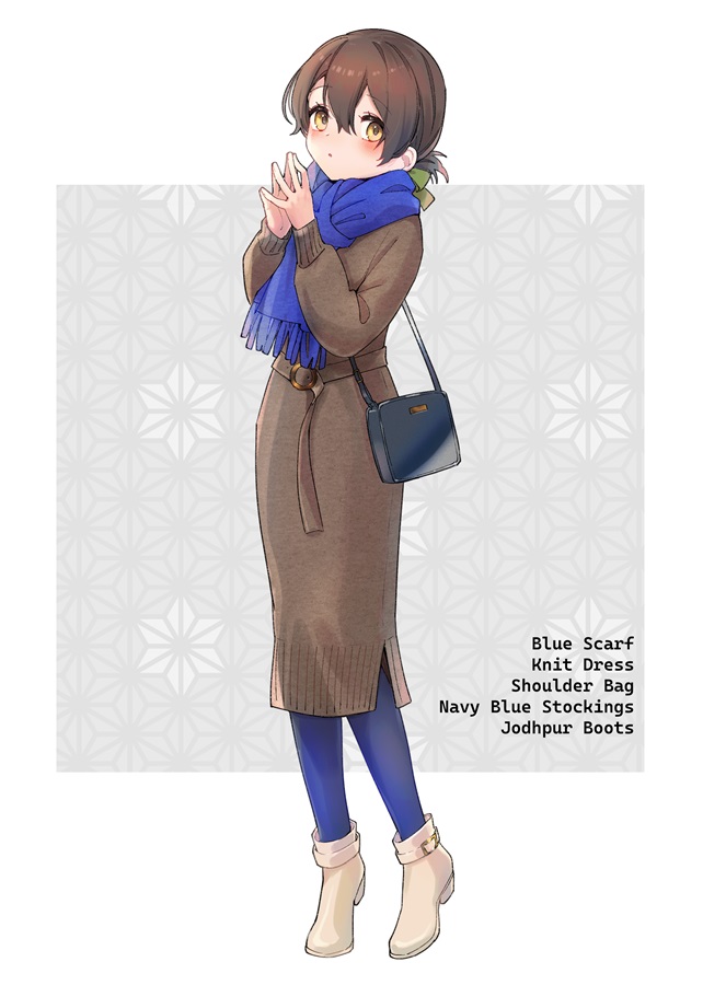 1girl, bag, bangs, blue_pantyhose, blue_ribbon, blue_scarf, brown_dress, brown_eyes
