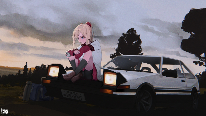 1girl, bag, black_socks, blonde_hair, bottle, brown_footwear, car, cellphone, cigarette, crossed_legs, cup, ground_vehicle, hair_ribbon, handbag, layered_sleeves, long_sleeves, looking_at_phone, motor_vehicle, mouth_hold, noya_(no_ya), outdoors, phone, ponytail, ribbon, school_uniform, serafuku, short_over_long_sleeves, short_sleeves, sitting, sitting_on_car, smartphone, smoking, socks, solo, toshinou_kyouko, toyota, toyota_sprinter_trueno, tree, white_car, yuru_yuri