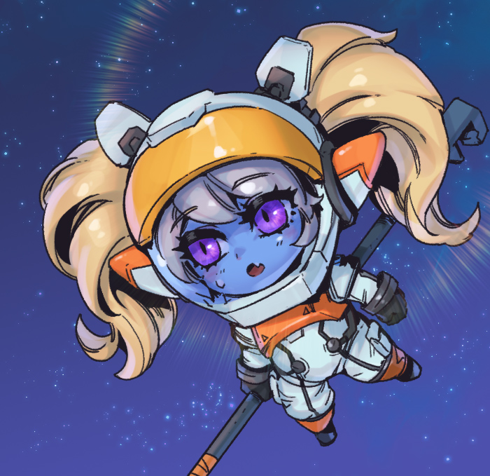 1girl, :o, astronaut, astronaut_poppy, black_gloves, blonde_hair, blush, fang