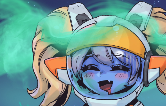 1girl, :d, astronaut_poppy, bangs, blonde_hair, closed_eyes, facing_viewer, fang
