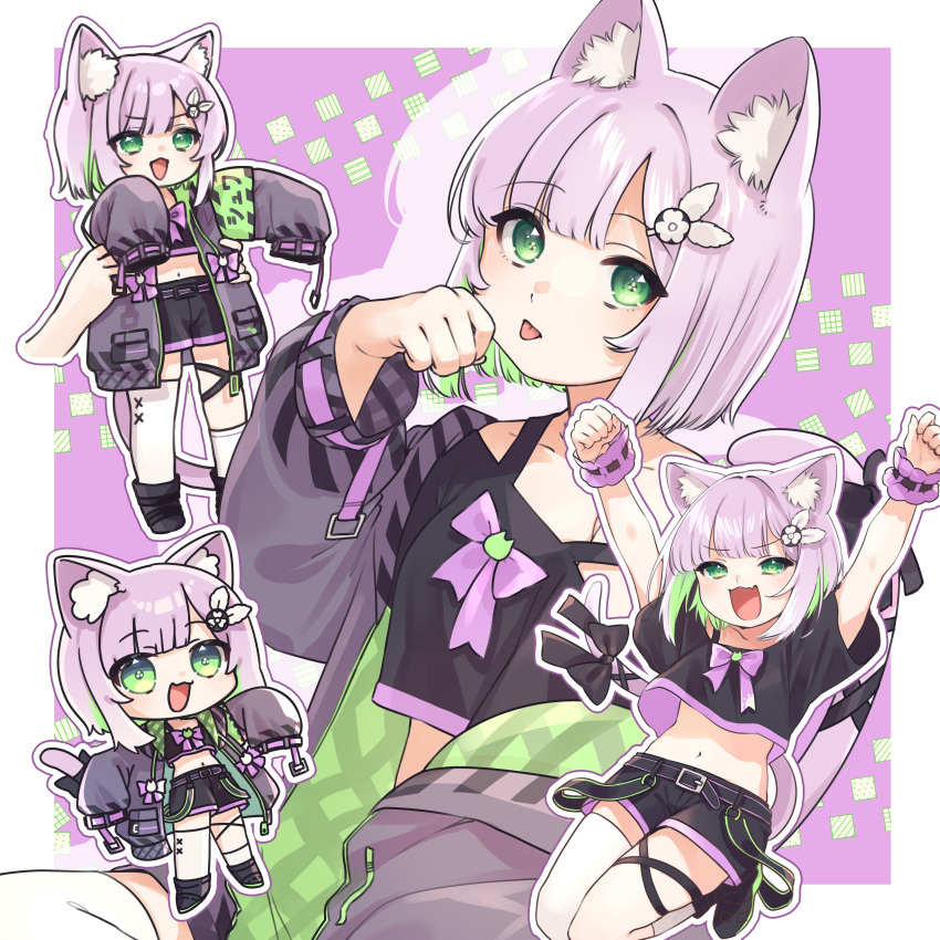 1girl, :d, :p, absurdres, animal_ear_fluff, animal_ears, black_shirt, black_shorts, border, cat_ears, cat_girl, cat_tail, chibi, colored_inner_hair, commission, crop_top, cropped_shirt, disembodied_limb, fang, green_eyes, green_hair, highres, indie_virtual_youtuber, jacket, light_purple_hair, long_sleeves, longcat_(meme), looking_at_viewer, medaka_h2, meme, multicolored_hair, navel, open_clothes, open_jacket, outline, purple_jacket, shirt, short_hair, short_shorts, short_sleeves, shorts, shwaa, simple_background, single_thighhigh, skeb_commission, skin_fang, sleeves_past_fingers, sleeves_past_wrists, smile, stomach, tail, thigh-highs, tongue, tongue_out, two-tone_hair, virtual_youtuber, white_border, white_thighhighs