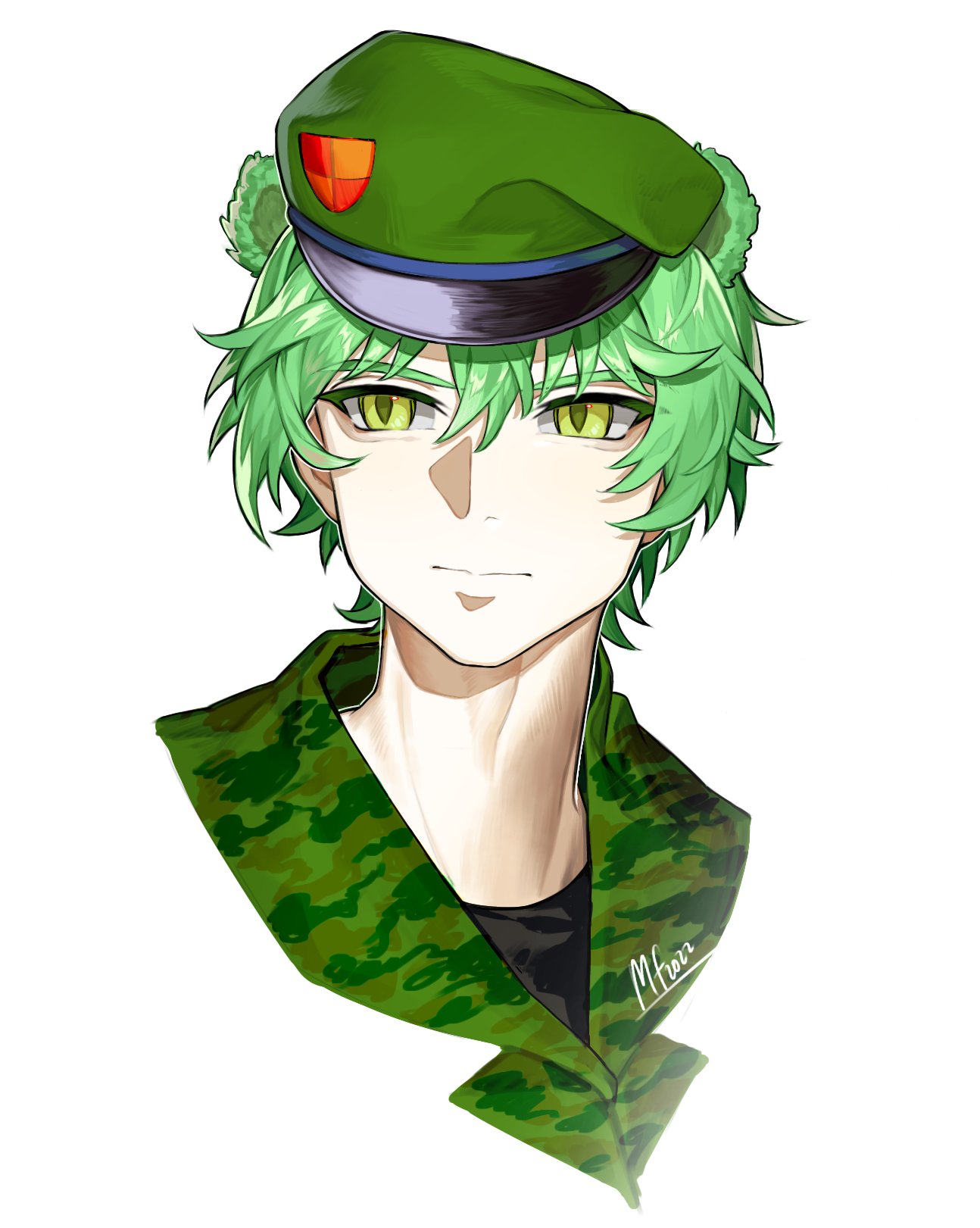 1boy, animal_ears, beret, black_shirt, camouflage, camouflage_jacket, closed_mouth, dated