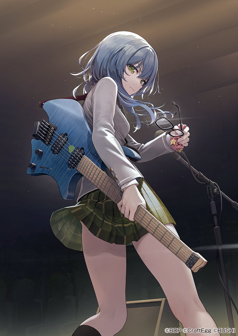 1girl, asahi_rokka, bang_dream!, bangs, black-framed_eyewear, blue_eyes, blue_hair, closed_mouth, company_name, copyright_name, foot_out_of_frame, glasses, green_eyes, guitar, haneoka_school_uniform, headless_guitar, highres, holding, holding_eyewear, holding_instrument, instrument, kneehighs, long_hair, microphone, official_art, pleated_skirt, school_uniform, scrunchie, skirt, socks, strandberg_guitars, winter_uniform