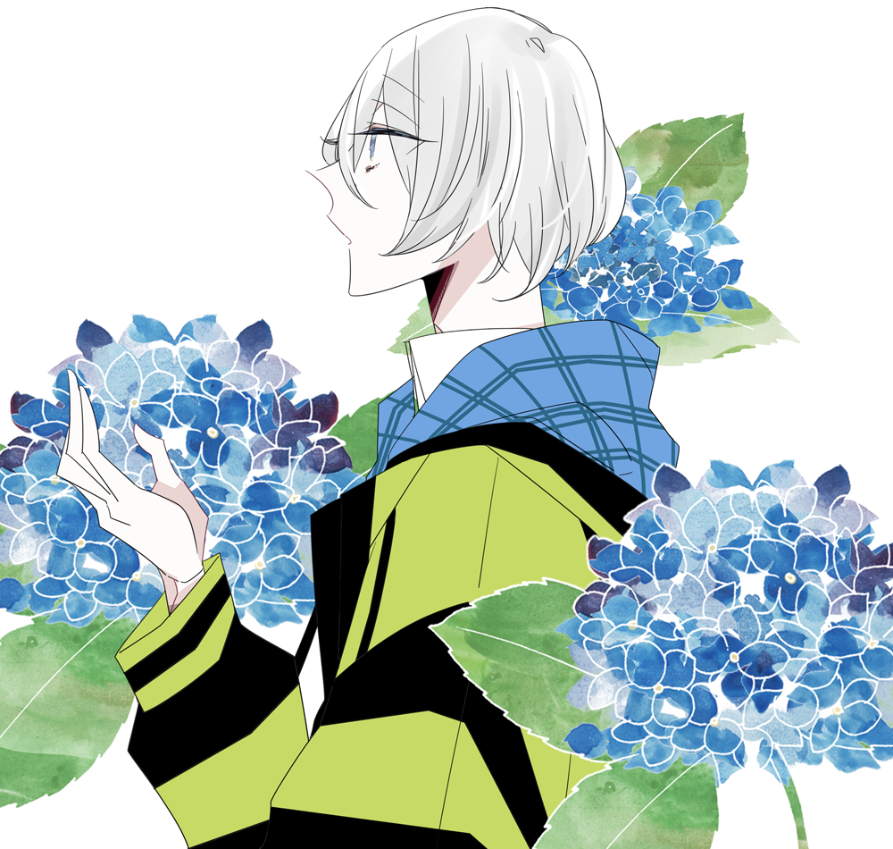 1boy, black_jacket, blue_eyes, blue_flower, facing_to_the_side, flower, green_jacket, jacket