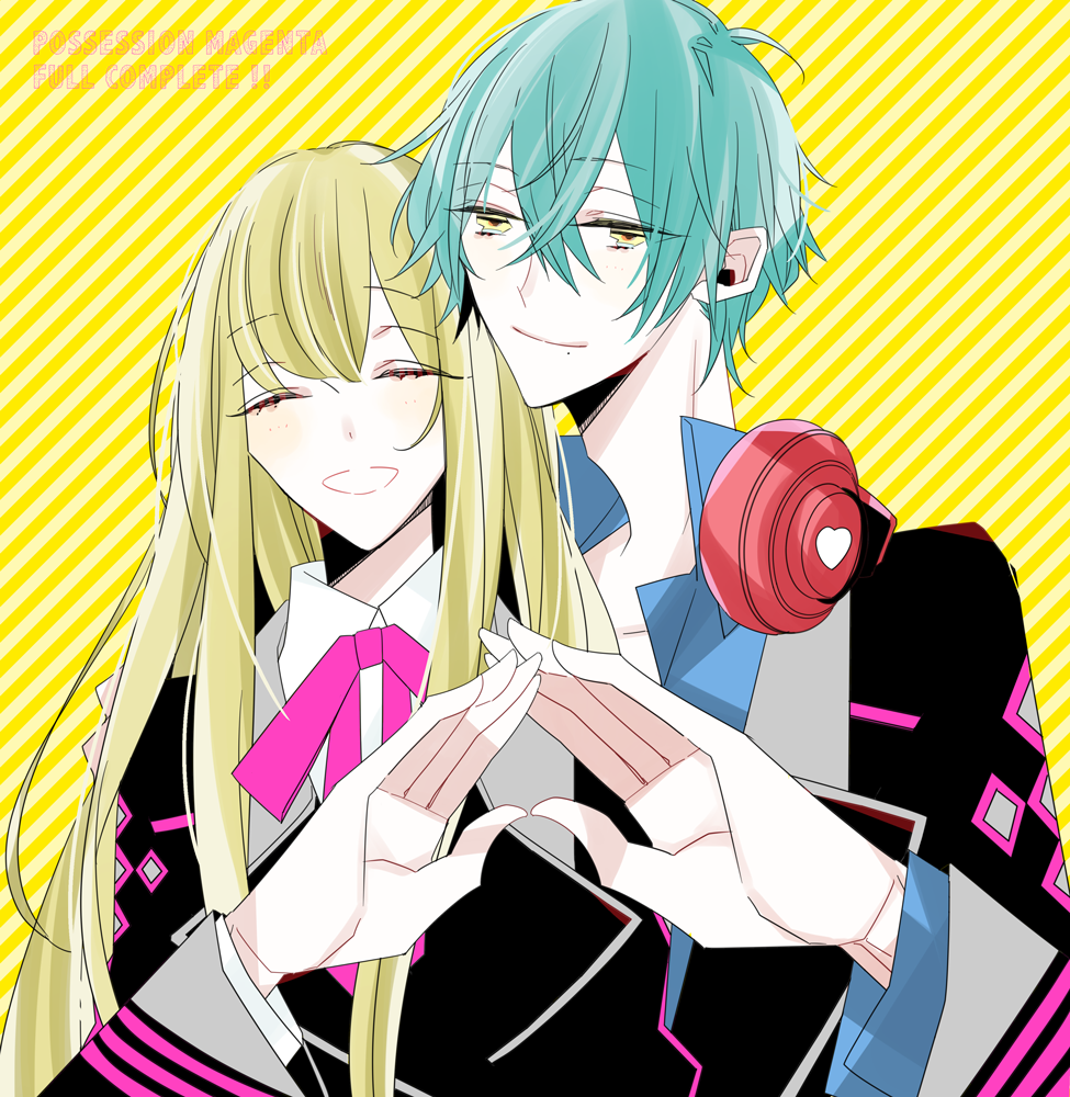 1boy, 1girl, black_jacket, blonde_hair, blue_hair, collared_shirt, grey_vest, hetero