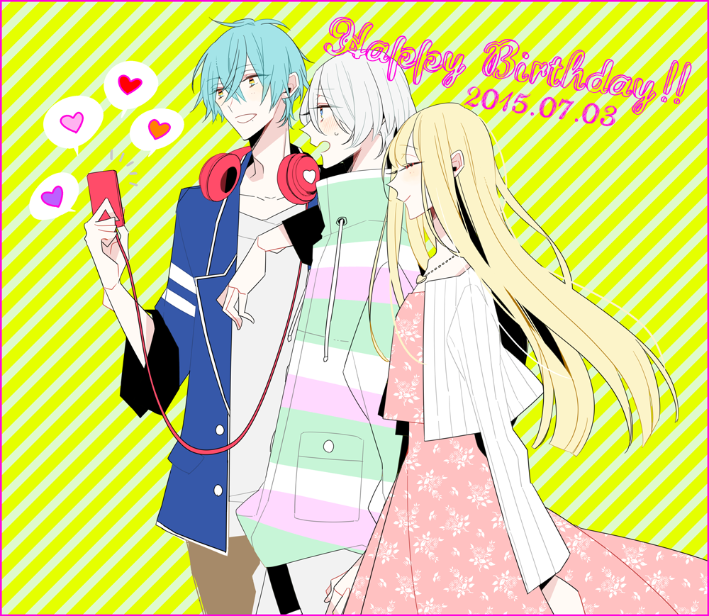 1girl, 2015, 2boys, blonde_hair, blue_eyes, blue_hair, blue_jacket, cardigan