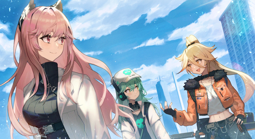 3girls, animal_ears, antonina_(girls'_frontline_nc), aqua_hair, baseball_cap, black_gloves, blonde_hair, breasts