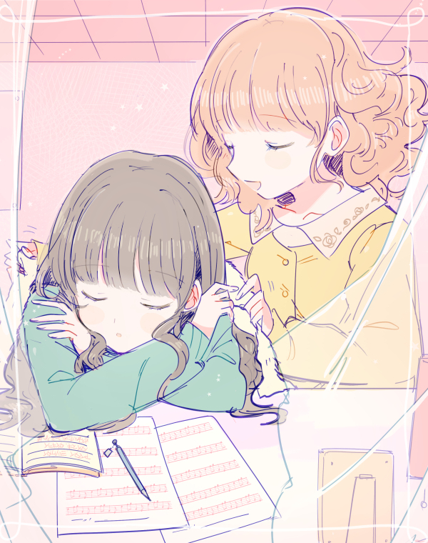 2girls, bangs, blanket, blue_shirt, blush, book, brown_hair, closed_eyes, curtains, long_hair, multiple_girls, open_book, open_mouth, pen, picture_frame, pop'n_music, rie-chan, sanae-chan, sgwyi, sheet_music, shirt, short_hair, sleeping, yellow_shirt