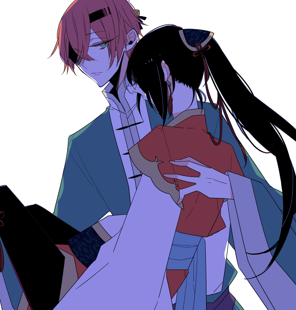 1boy, 1girl, akane_rin, aqua_eyes, ayakashi_gohan, black_hair, carrying, closed_mouth, clothing_request, hetero, inushima_yomi, japanese_clothes, long_hair, long_sleeves, looking_at_another, ponytail, princess_carry, redhead, short_hair, unm777, white_background
