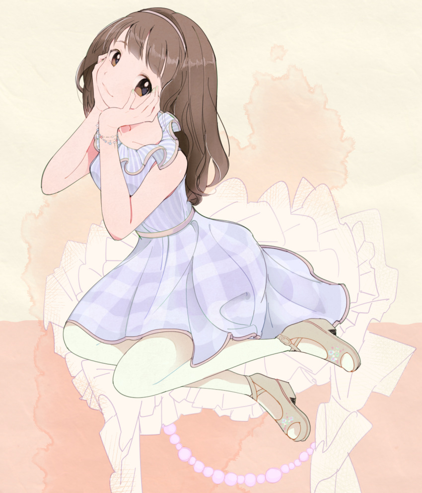 1girl, bangs, bare_shoulders, blue_dress, bracelet, brown_eyes, brown_hair, collarbone