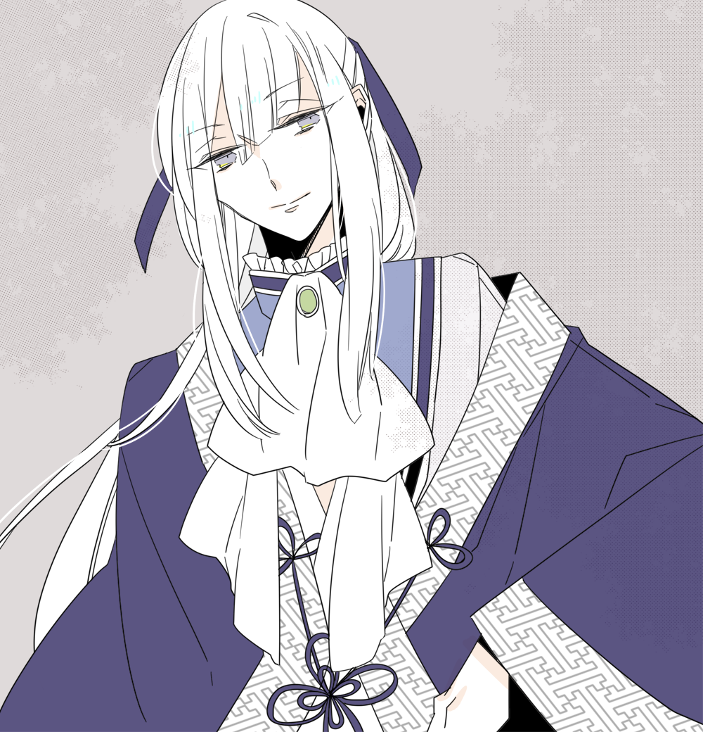 1boy, androgynous, ascot, closed_mouth, clothing_request, formal, grey_eyes, japanese_clothes, ken_ga_kimi, kuroba_saneaki, long_hair, long_sleeves, looking_at_viewer, male_focus, ponytail, smile, solo, unm777, white_hair
