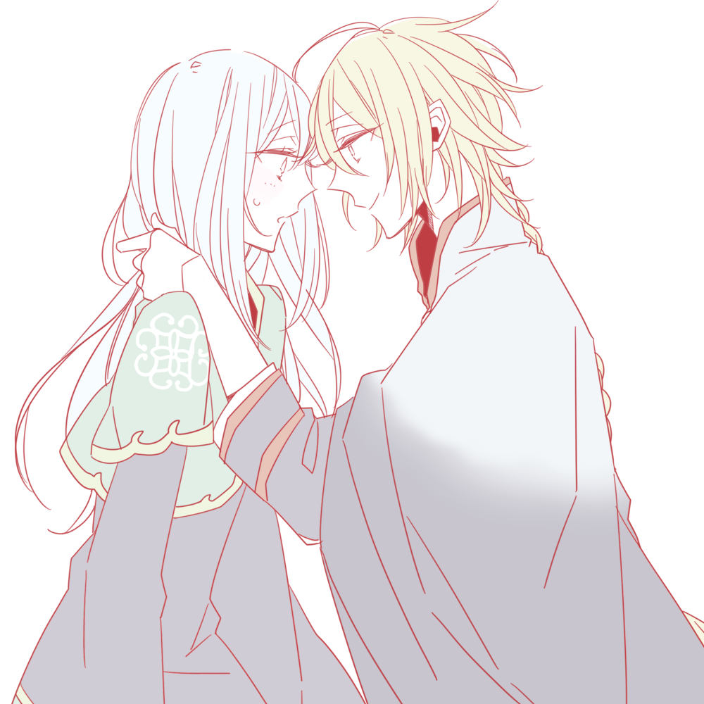 1boy, 1girl, ahoge, braid, character_request, clothing_request, dress, facing_another