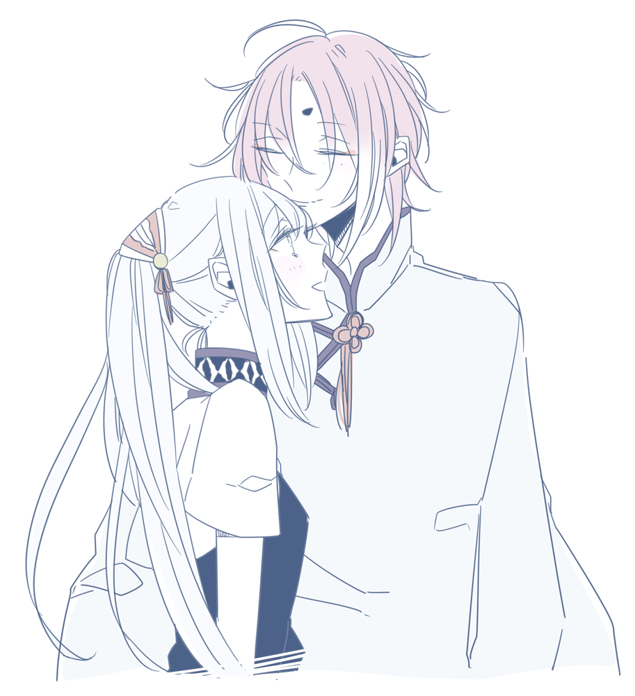 1boy, 1girl, ahoge, character_request, closed_eyes, closed_mouth, hetero, hug