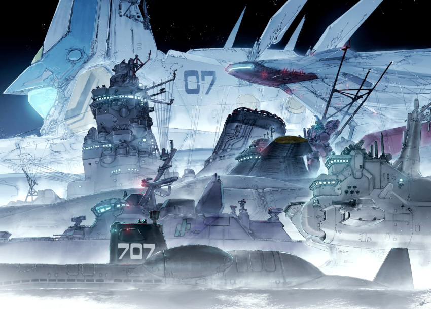 after_war_gundam_x, battle_7, battleship, brigandier, crossover, freeden_(gundam_x), from_side, glowing, gundam, highres, i-iv_(longman), kidou_senkan_nadesico, kidou_senkan_nadesico_-_prince_of_darkness, land_battleship, macross, macross_7, mecha, military, military_vehicle, multiple_crossover, nadesico_(kidou_senkan_nadesico), no_humans, pascal_mage, robot, science_fiction, ship, spacecraft, submarine, submarine_707_(ship), submarine_707r, tactical_roar, uchuu_senkan_yamato, vehicle_focus, warship, water, watercraft, xenogears, yamato_(uchuu_senkan_yamato), yggdrasil_(xenogears)