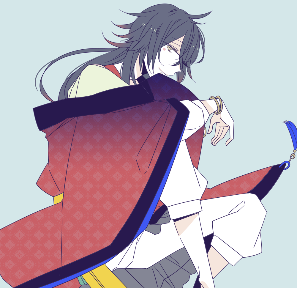 1boy, ahoge, black_hair, brown_eyes, closed_mouth, facing_to_the_side, gold_bracelet, grey_background, japanese_clothes, l.g.s, long_hair, long_sleeves, looking_at_viewer, male_focus, pants, sekiseishi_(l.g.s), sitting, smile, solo, unm777, white_pants