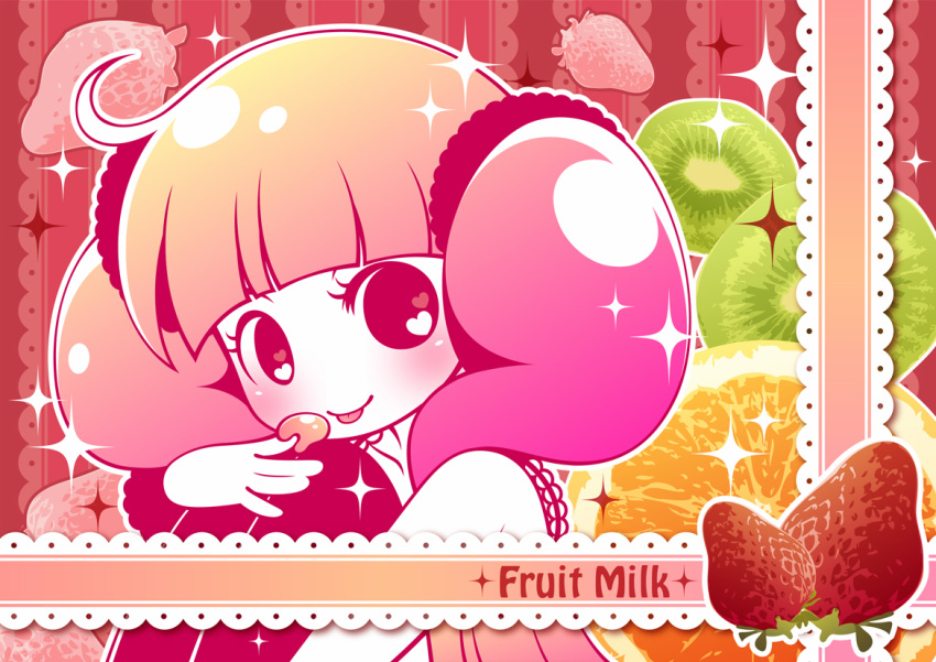 1girl, bangs, blunt_bangs, english_text, eyelashes, food, fruit, heart, heart_in_eye, icing, kiwi_(fruit), kiwi_slice, milk_(pop'n_music), orange_(fruit), orange_slice, pink_hair, pop'n_music, red_background, sepia_(sepia_la_mode), sitting, solo, strawberry, striped, striped_background, symbol_in_eye, tongue, tongue_out, twintails