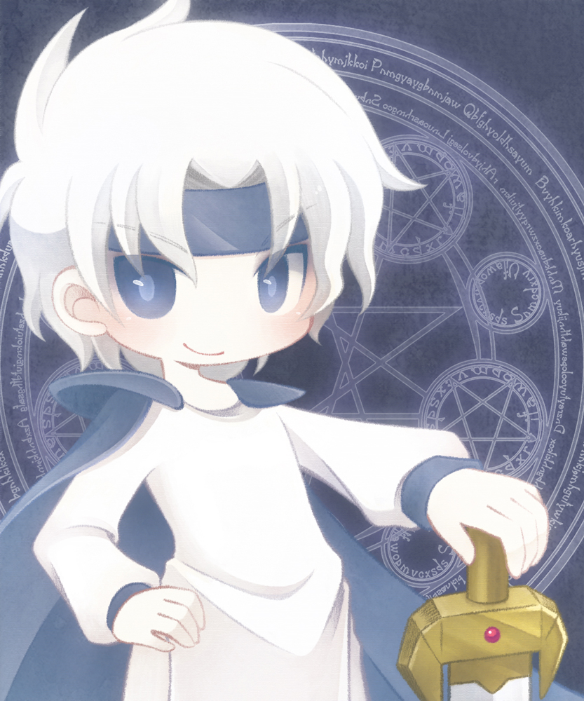 1boy, blue_cloak, blue_eyes, blue_headband, cloak, hand_on_hip, headband, long_sleeves, magic_circle, male_focus, no_nose, puyopuyo, robe, schezo_wegey, sepia_(sepia_la_mode), smile, solo, sword, weapon, white_hair, white_robe