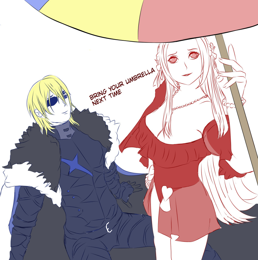 dimitri_alexandre_blaiddyd, edelgard_von_hresvelg, edelgard_von_hresvelg_(summer), fire_emblem, fire_emblem:_three_houses, fire_emblem_heroes, highres, non-web_source, official_alternate_costume, one-piece_swimsuit, red_one-piece_swimsuit, swimsuit, umbrella