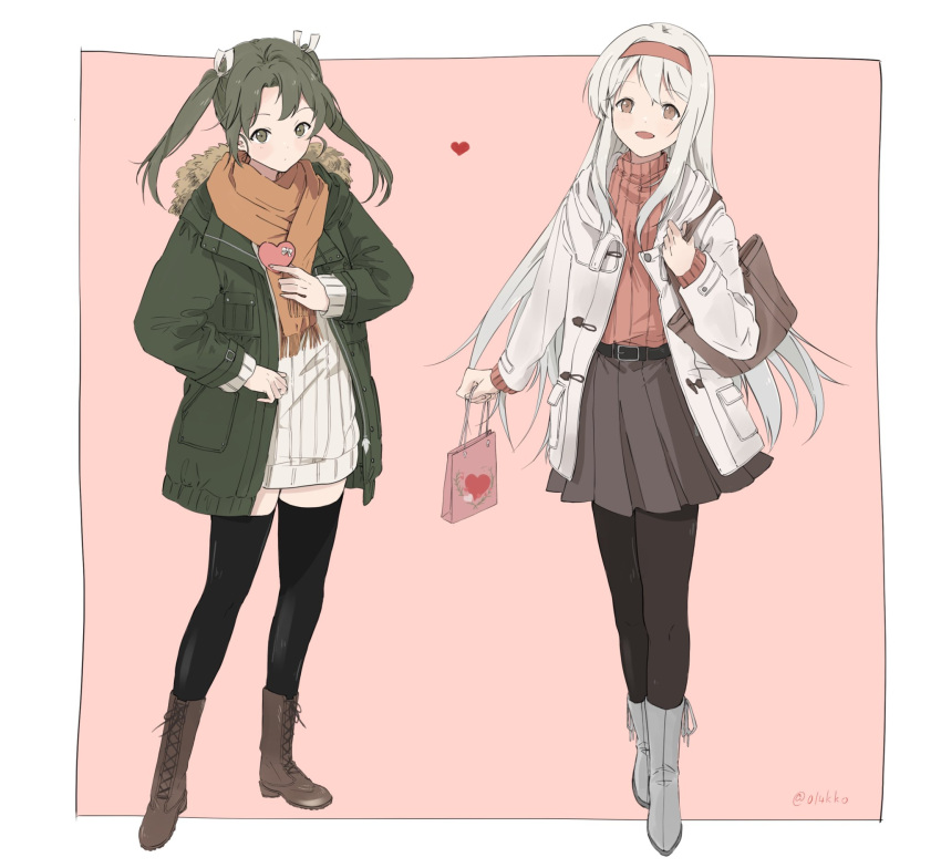 2girls, bag, belt, black_belt, black_pantyhose, black_thighhighs, boots, box, brown_eyes, brown_footwear, brown_skirt, closed_mouth, cross-laced_footwear, fringe_trim, full_body, gift_bag, green_eyes, green_hair, green_jacket, grey_footwear, hair_ribbon, headband, heart, heart-shaped_box, highres, holding, holding_bag, jacket, kantai_collection, kokko_(014kko), lace-up_boots, long_hair, multiple_girls, open_clothes, open_jacket, open_mouth, orange_scarf, orange_sweater, pantyhose, pleated_skirt, red_headband, ribbed_sweater, ribbon, scarf, shoukaku_(kancolle), skirt, smile, sweater, thigh-highs, twintails, twitter_username, white_hair, white_jacket, white_ribbon, white_sweater, zuikaku_(kancolle)