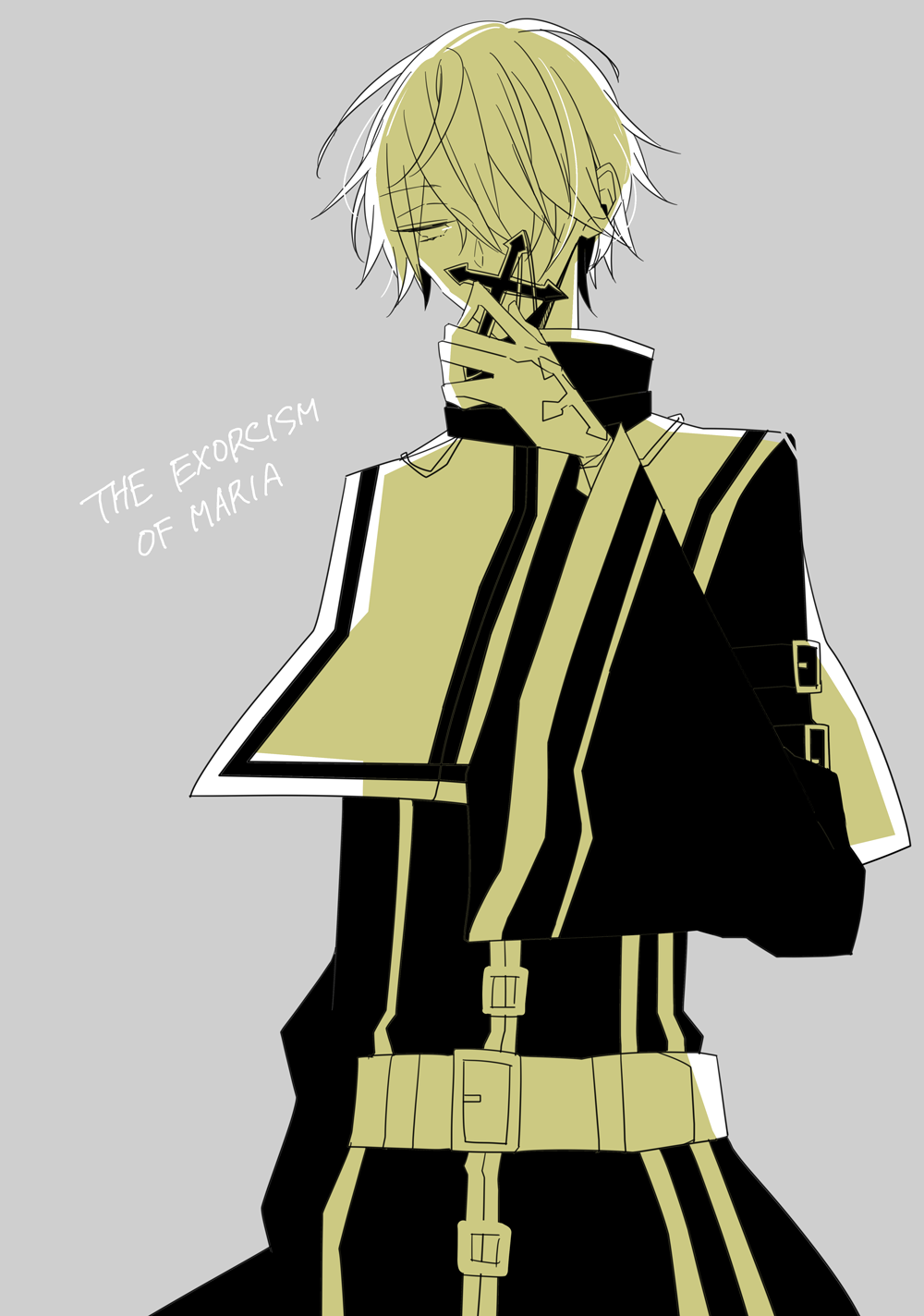 1boy, belt, black_jacket, copyright_name, covered_mouth, cross, cross_necklace, danzai_no_maria, gloves, grey_background, highres, jacket, jewelry, kujouin_hiyori, long_sleeves, male_focus, monochrome, necklace, short_hair, solo, unm777, white_gloves