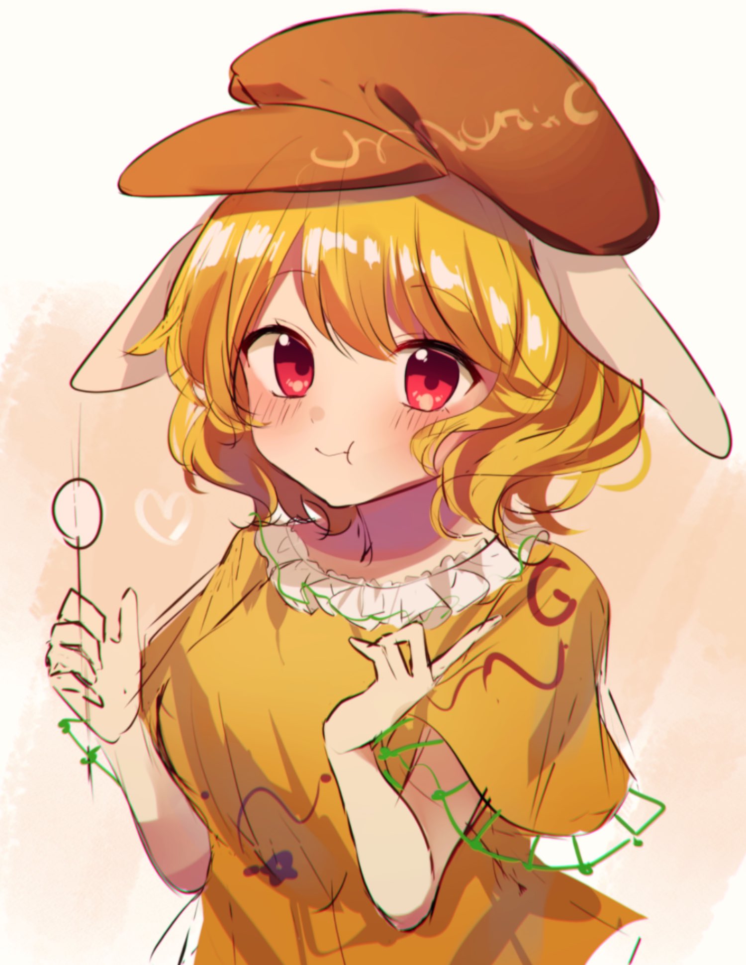 1girl, animal_ears, bangs, blonde_hair, blush, breasts, brown_headwear, closed_mouth, dango, eating, food, frills, hair_between_eyes, hands_up, hat, heart, highres, holding, holding_food, looking_at_viewer, medium_breasts, moshihimechan, one-hour_drawing_challenge, orange_background, orange_shirt, rabbit_ears, rabbit_girl, red_eyes, ringo_(touhou), shirt, short_hair, short_sleeves, simple_background, smile, solo, t-shirt, touhou, wagashi, white_background