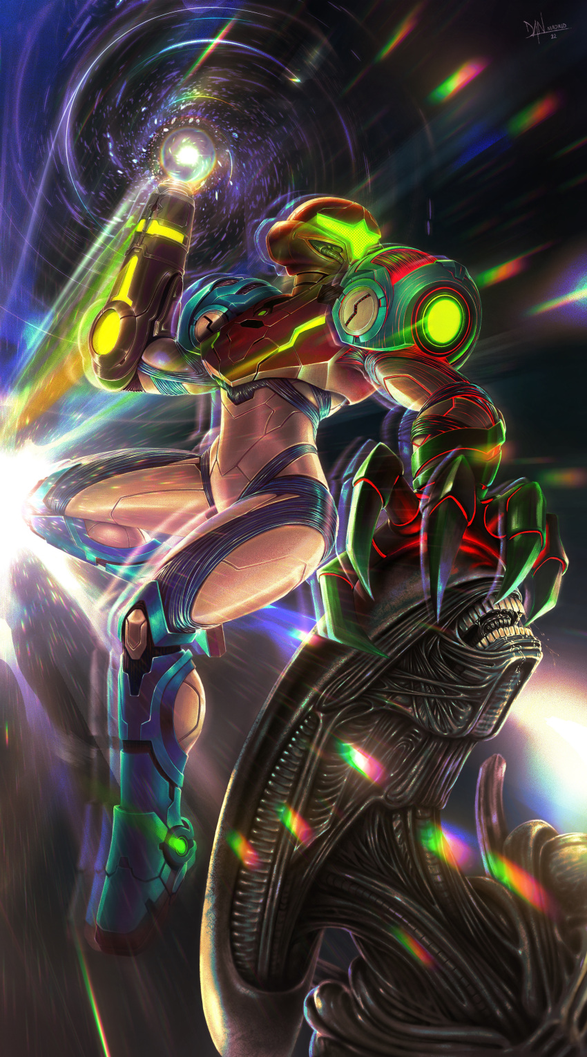 1girl, absurdres, alien, alien_(movie), arm_cannon, arm_up, armor, claws, commentary, danderfull, drooling, energy, energy_ball, english_commentary, full_armor, full_body, helmet, highres, light_particles, light_rays, metroid, metroid_dread, open_mouth, power_armor, power_suit, power_suit_(metroid), samus_aran, science_fiction, teeth, weapon, xenomorph