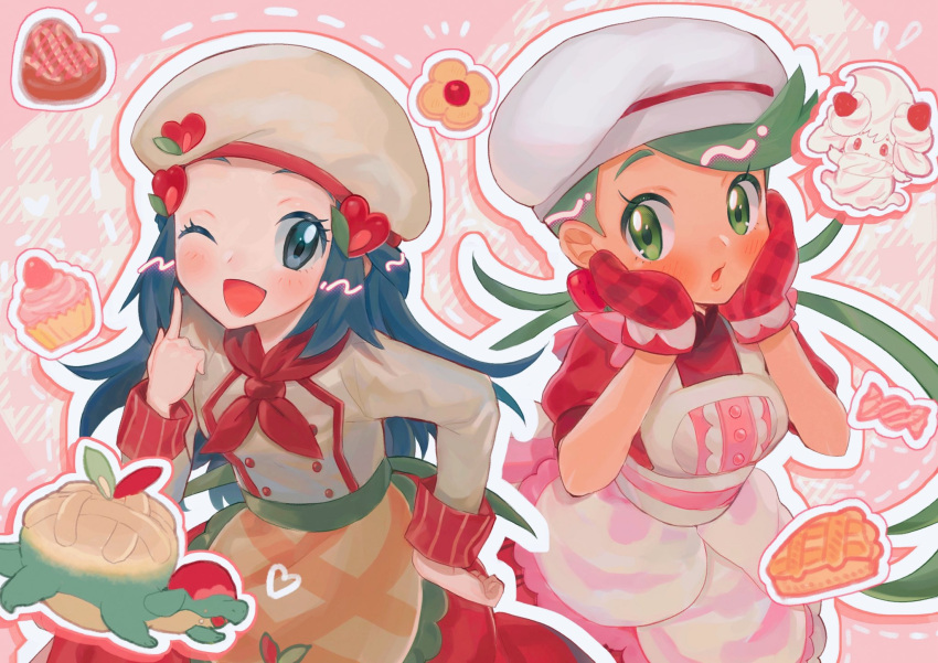 2girls, ;d, abe_(kumayu), alcremie, appletun, apron, bangs, blush