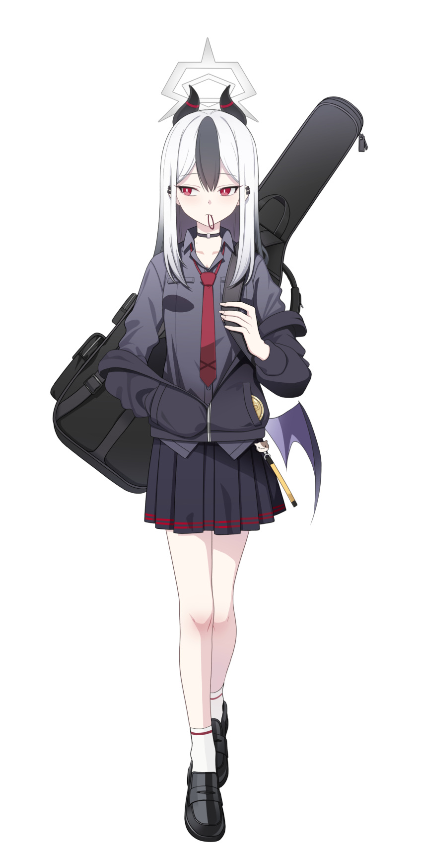 1girl, absurdres, alternate_costume, black_footwear, black_hair, black_jacket, black_shirt, black_skirt, blue_archive, breast_pocket, breasts, choker, closed_mouth, collared_shirt, ear_piercing, full_body, gradient_hair, guitar_case, hair_tie, hair_tie_in_mouth, halo, hand_in_pocket, highres, horns, instrument_case, jacket, kayoko_(blue_archive), loafers, long_hair, long_sleeves, looking_to_the_side, low_wings, miniskirt, mnnnya, mouth_hold, multicolored_hair, necktie, piercing, pocket, ponytail, red_eyes, red_necktie, shirt, shoes, sidelocks, simple_background, single_wing, skirt, small_breasts, socks, solo, two-tone_hair, white_background, white_hair, white_socks, wings