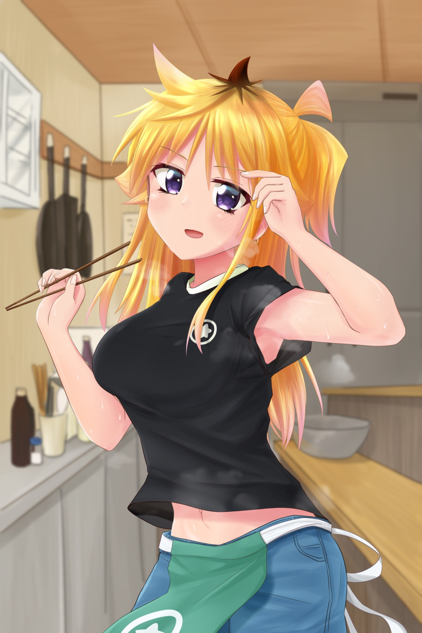 adjusting_hair, ahoge, apron, arm_up, armpits, bangs, black_shirt, blonde_hair