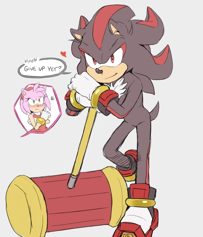 1boy, 1girl, aimy_neko, amy_rose, animal_ears, animal_nose, bare_shoulders, body_fur, boots, bracelet, brown_fur, closed_mouth, crossed_arms, dress, english_commentary, eyelashes, furry, furry_female, furry_male, gloves, gold_bracelet, green_eyes, grey_background, grumpy, hairband, hammer, hands_up, heart, hedgehog, hedgehog_ears, hedgehog_girl, hedgehog_tail, highres, holding, holding_hammer, holding_weapon, jewelry, leg_up, piko_piko_hammer, pink_fur, red_dress, red_eyes, red_fur, red_hairband, shadow_the_hedgehog, simple_background, sleeveless, sleeveless_dress, smile, sonic_(series), standing, standing_on_one_leg, tail, two-tone_fur, weapon, white_footwear, white_gloves