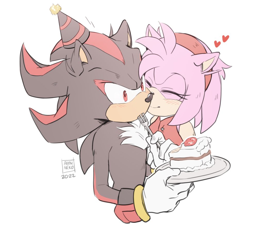1boy, 1girl, 2022, aimy_neko, amy_rose, animal_ears, animal_nose, artist_name, bare_shoulders, body_fur, bracelet, breasts, brown_fur, brown_headwear, buttons, cake, closed_eyes, closed_mouth, dress, english_commentary, eyelashes, food, fork, furry, furry_female, furry_male, gloves, gold_bracelet, hairband, hand_up, hands_up, hat, heart, hedgehog, hedgehog_ears, hedgehog_girl, hetero, holding, holding_fork, holding_plate, jewelry, kiss, kissing_cheek, looking_away, medium_breasts, pink_fur, plate, pom_pom_(clothes), red_dress, red_eyes, red_fur, red_hairband, red_headwear, shadow_the_hedgehog, simple_background, sleeveless, sleeveless_dress, smile, sonic_(series), standing, striped, striped_headwear, two-tone_fur, white_background, white_gloves
